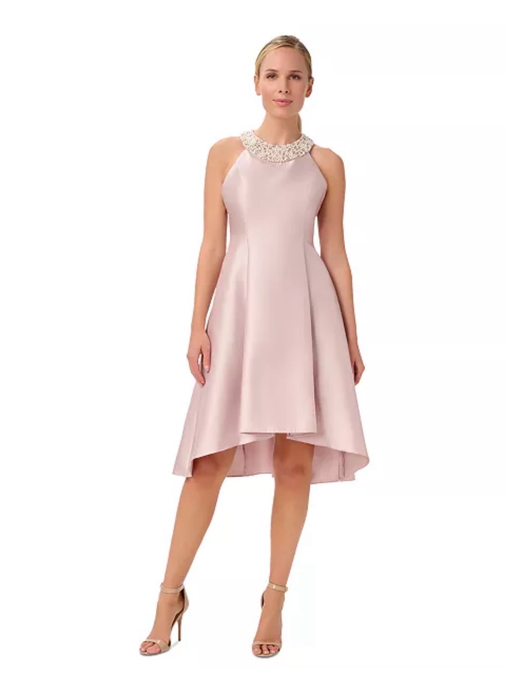 Adrianna Papell Pearl-Embellished Champagne Satin Wedding Dress